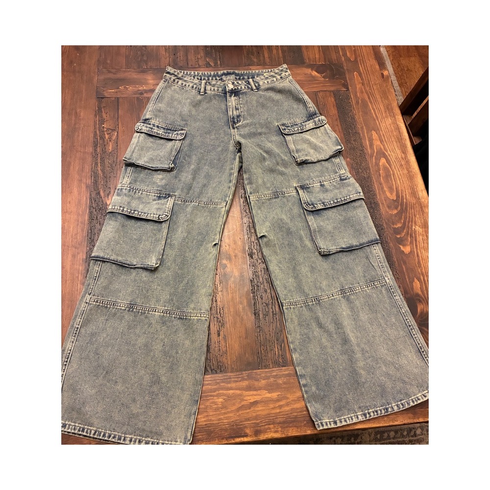 Denim Distressed Wide Leg Cargo Jeans size 30 Grunge Streetwear Festival Rave